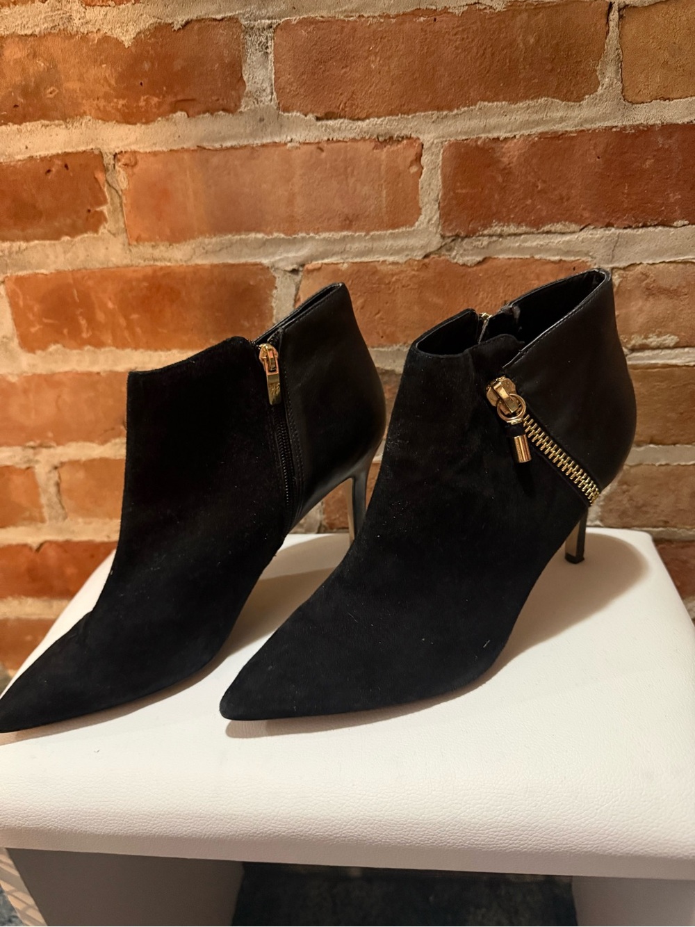 Marc Fisher Black Suede Pointed Toe Ankle Booties with Gold Zipper